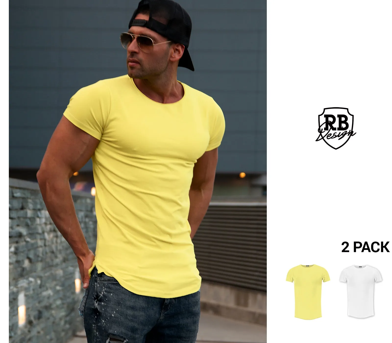 2 Pack Men's Plain Round Neck T-shirts White and Yellow / Longline