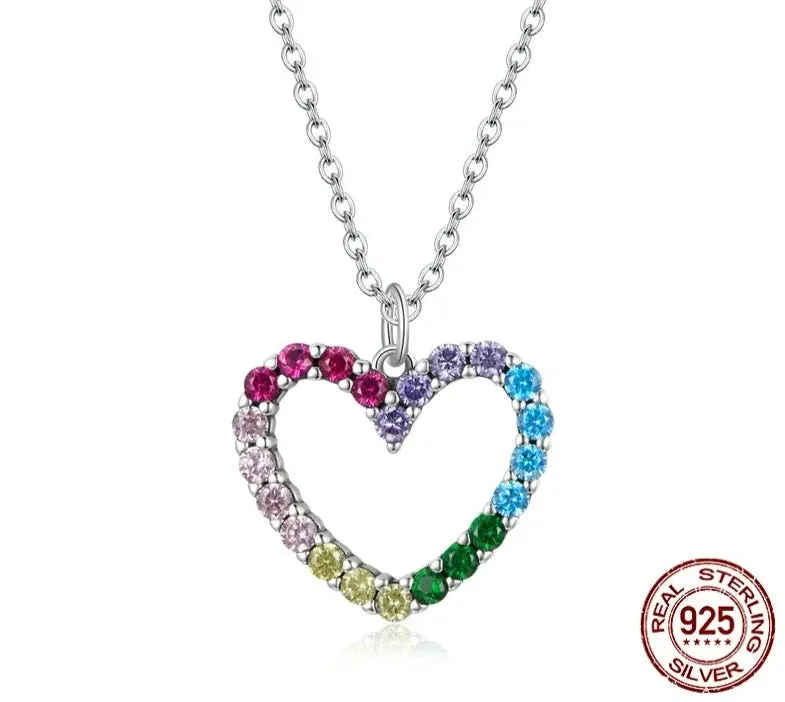 925 Sterling Silver Rainbow Heart CZ Necklace