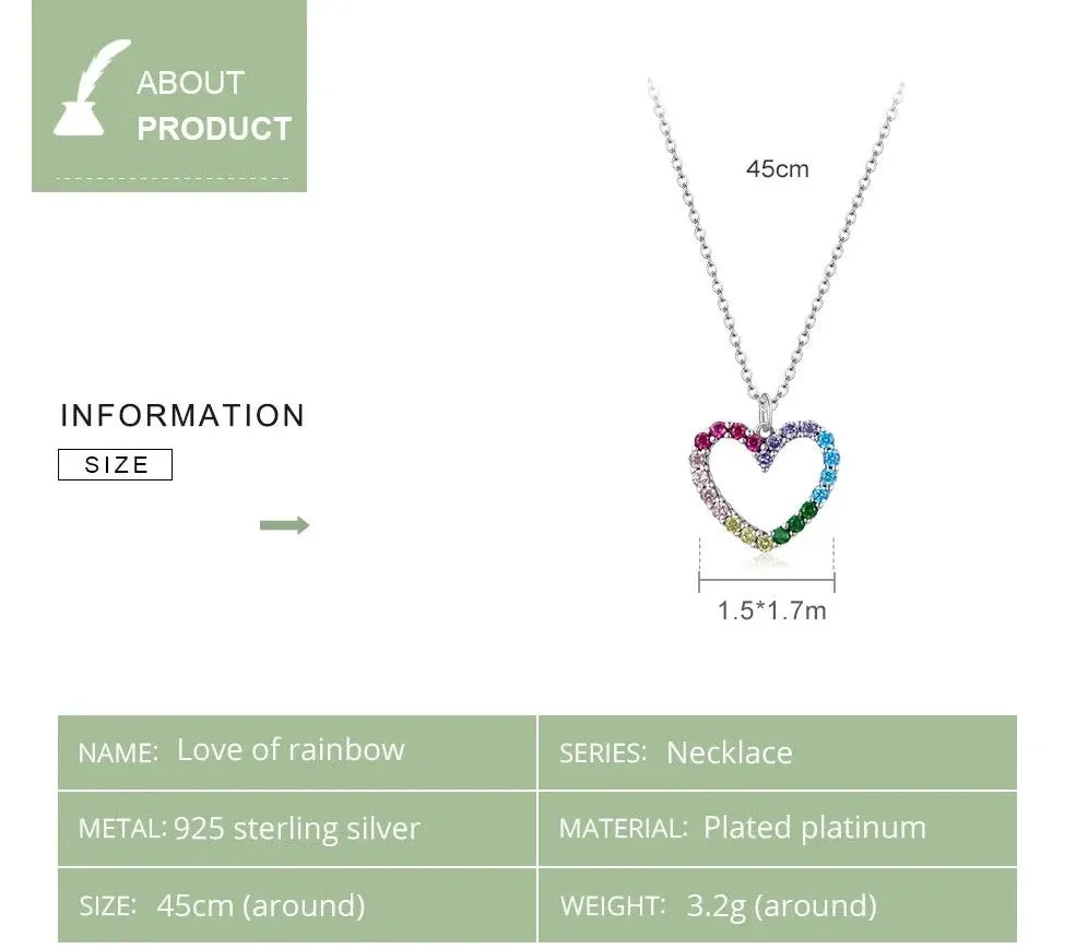 925 Sterling Silver Rainbow Heart CZ Necklace