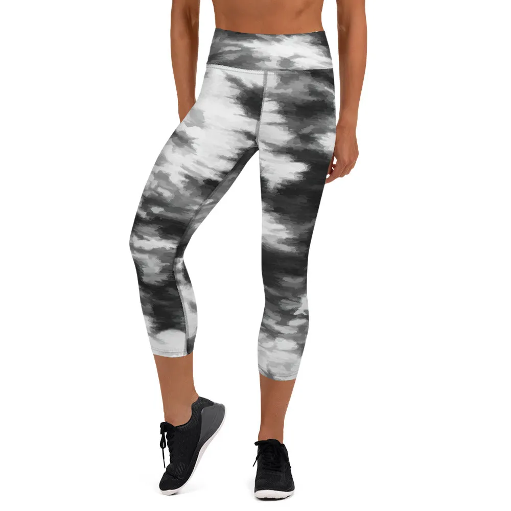 Black and White Tie Dye Yoga Capri Leggings | Capri Fitness Leggings, lioness-love.com