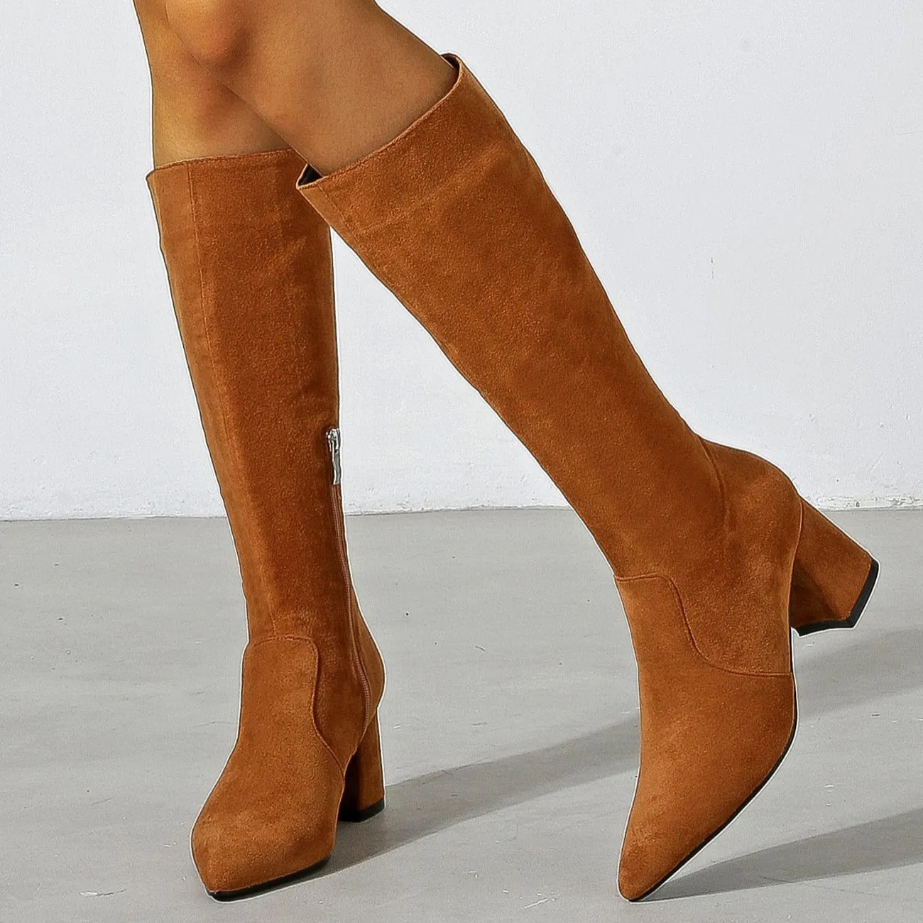 Chunky High Heeled Pointed Toe Short Boots