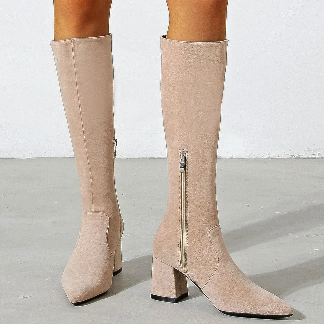 Chunky High Heeled Pointed Toe Short Boots