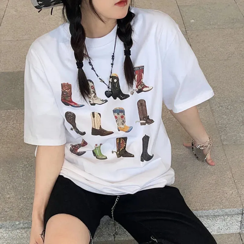 Cow boy Boots women tees  Loose Vintage Texas T Shirt