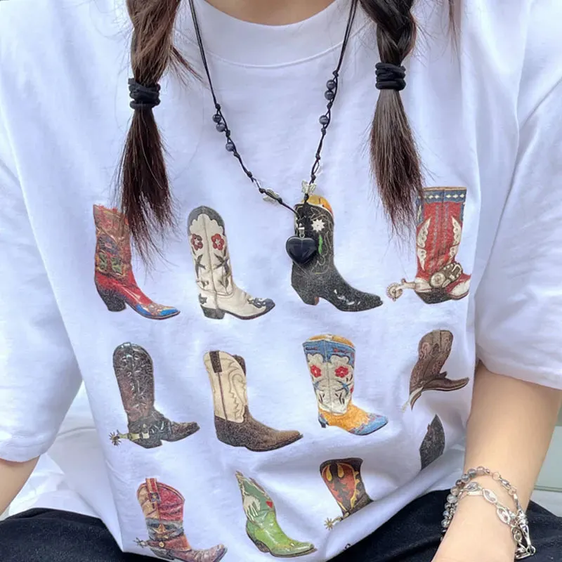 Cow boy Boots women tees  Loose Vintage Texas T Shirt