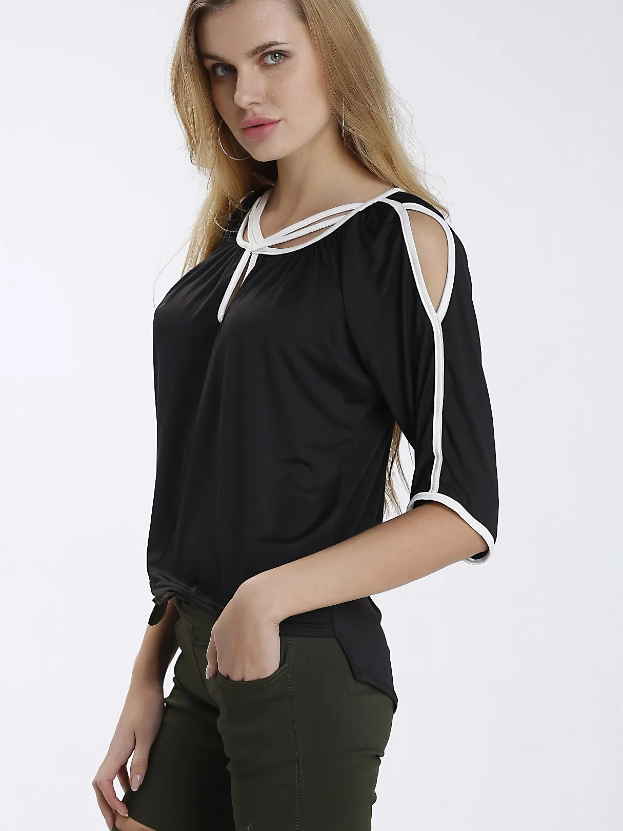 Custom Round Neck Half Sleeve Irregular Hem Black Blouses