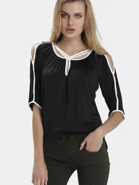 Custom Round Neck Half Sleeve Irregular Hem Black Blouses