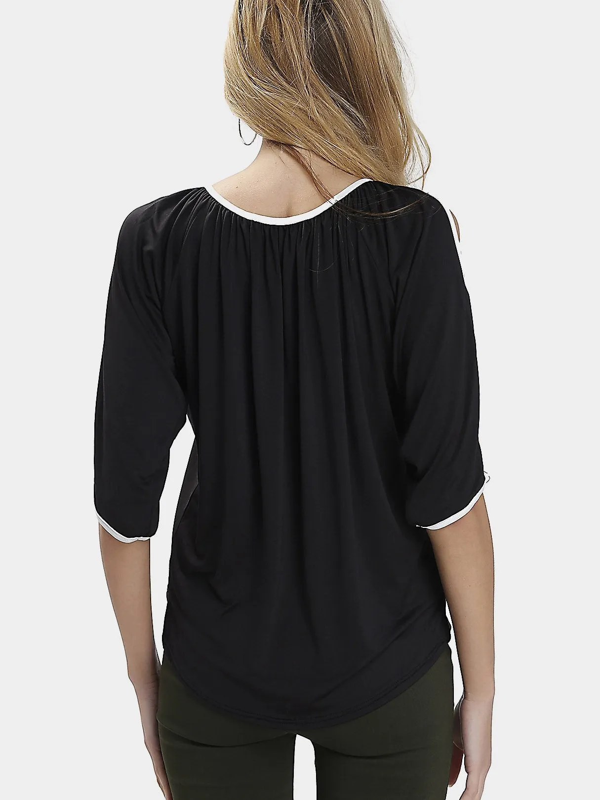 Custom Round Neck Half Sleeve Irregular Hem Black Blouses