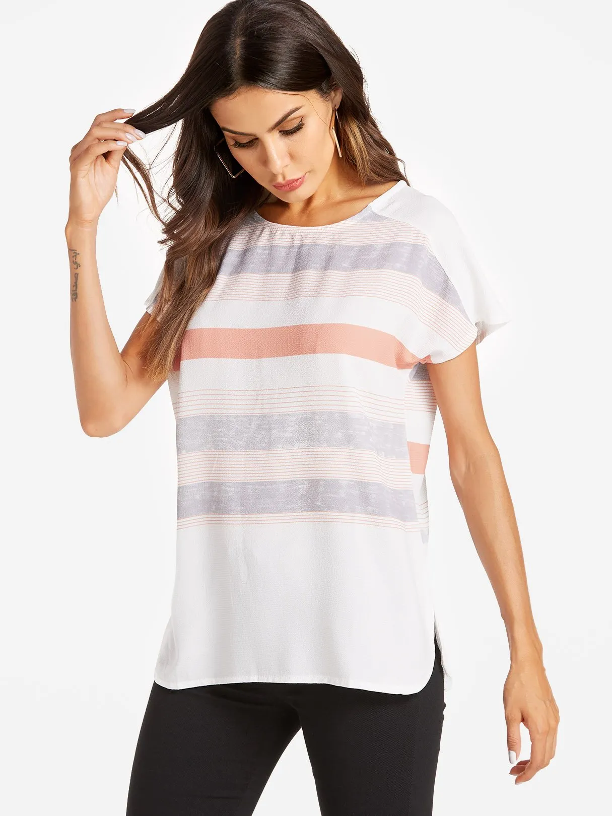 Custom Round Neck Stripe Short Sleeve Blouses