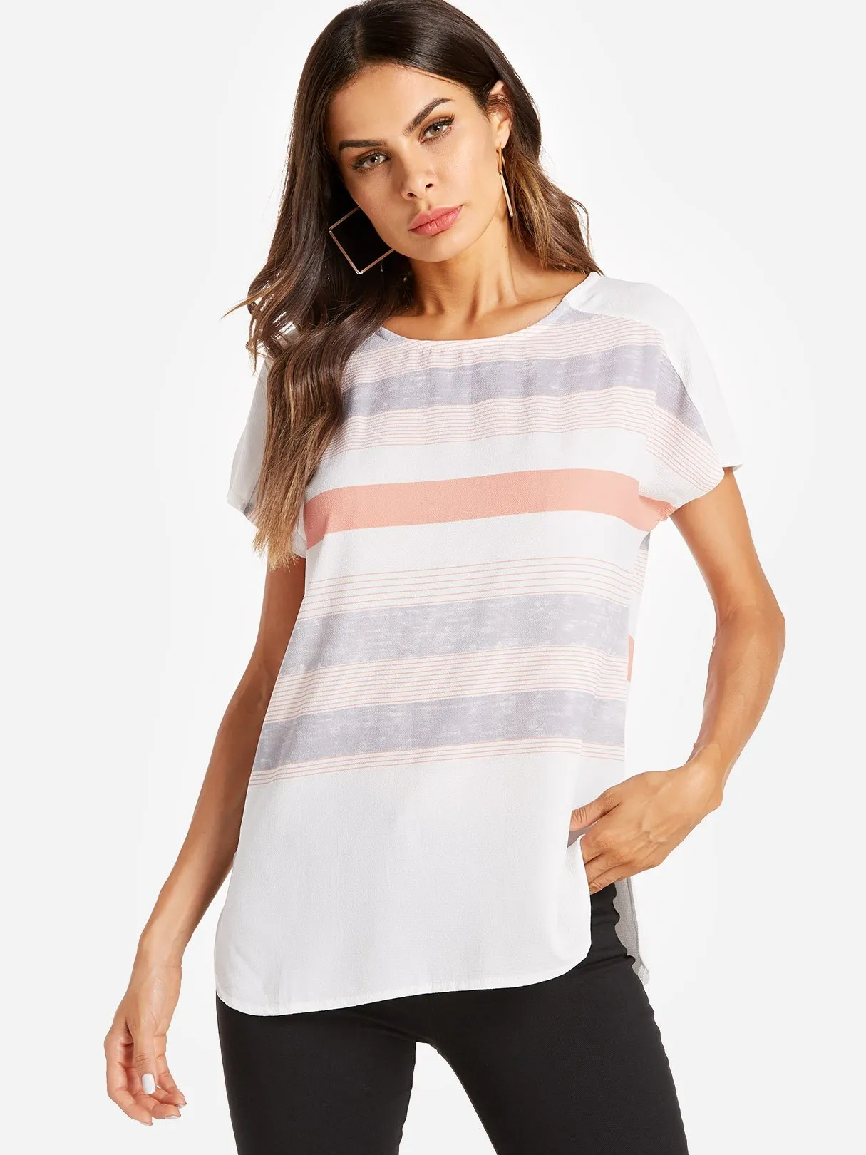 Custom Round Neck Stripe Short Sleeve Blouses