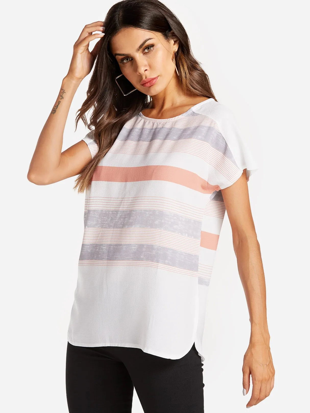 Custom Round Neck Stripe Short Sleeve Blouses