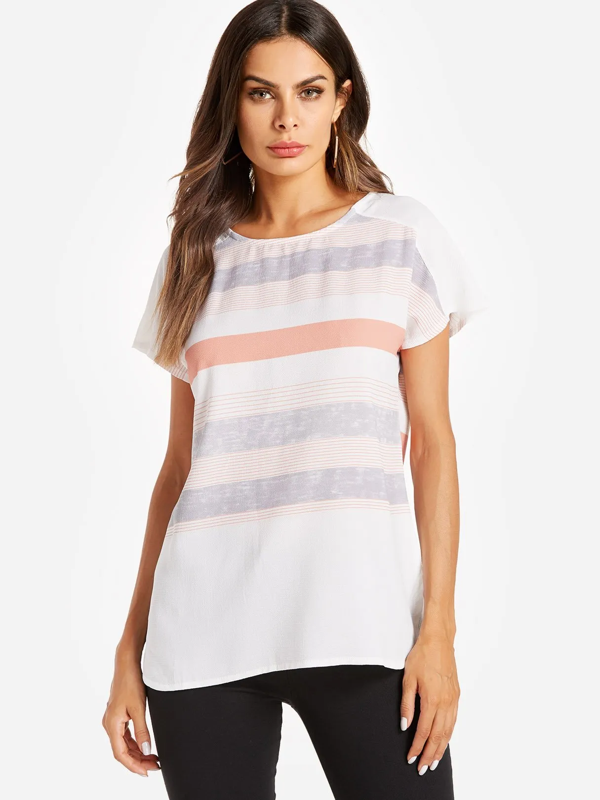 Custom Round Neck Stripe Short Sleeve Blouses