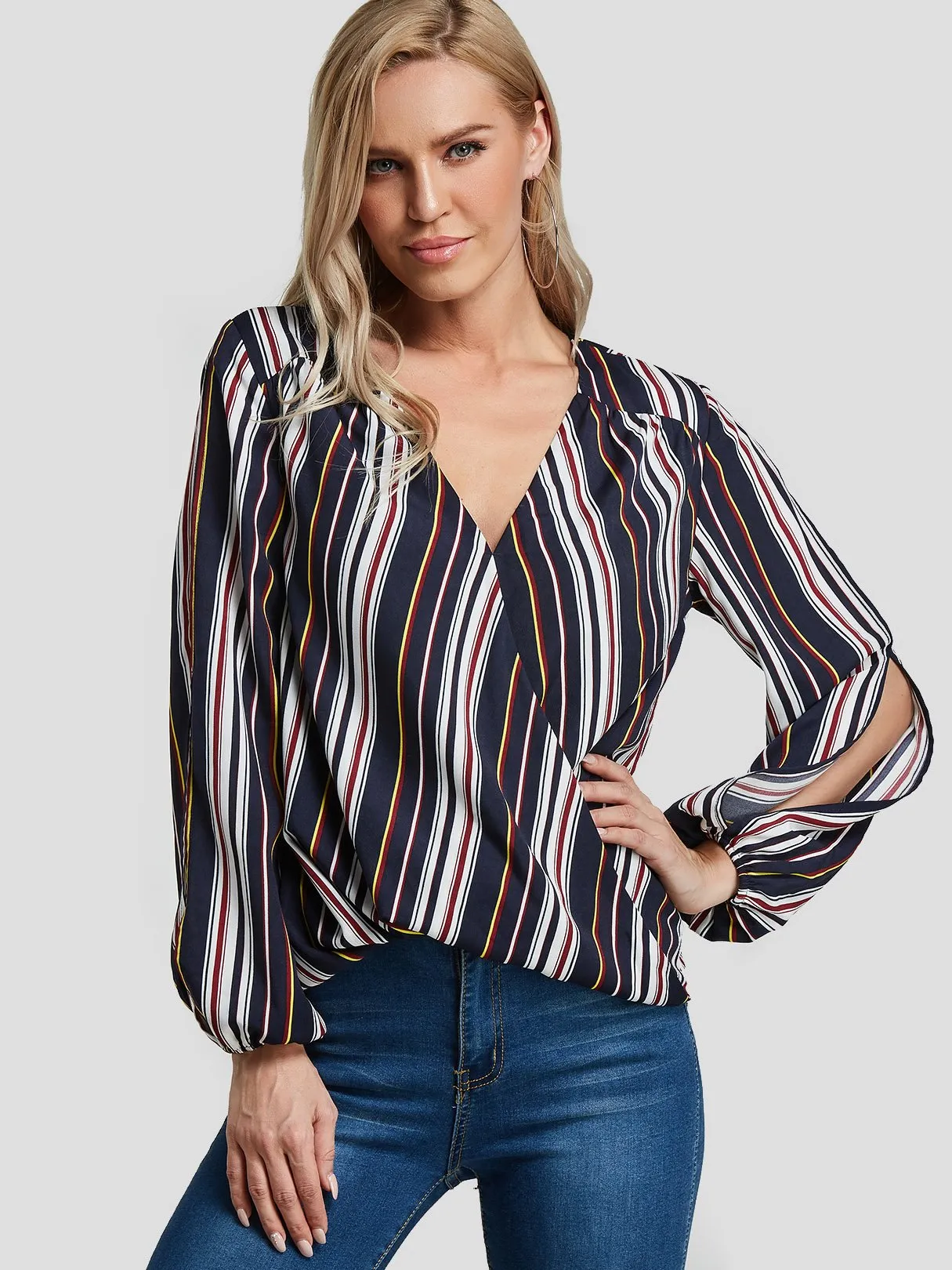 Custom V-Neck Stripe Slit Long Sleeve Blouses