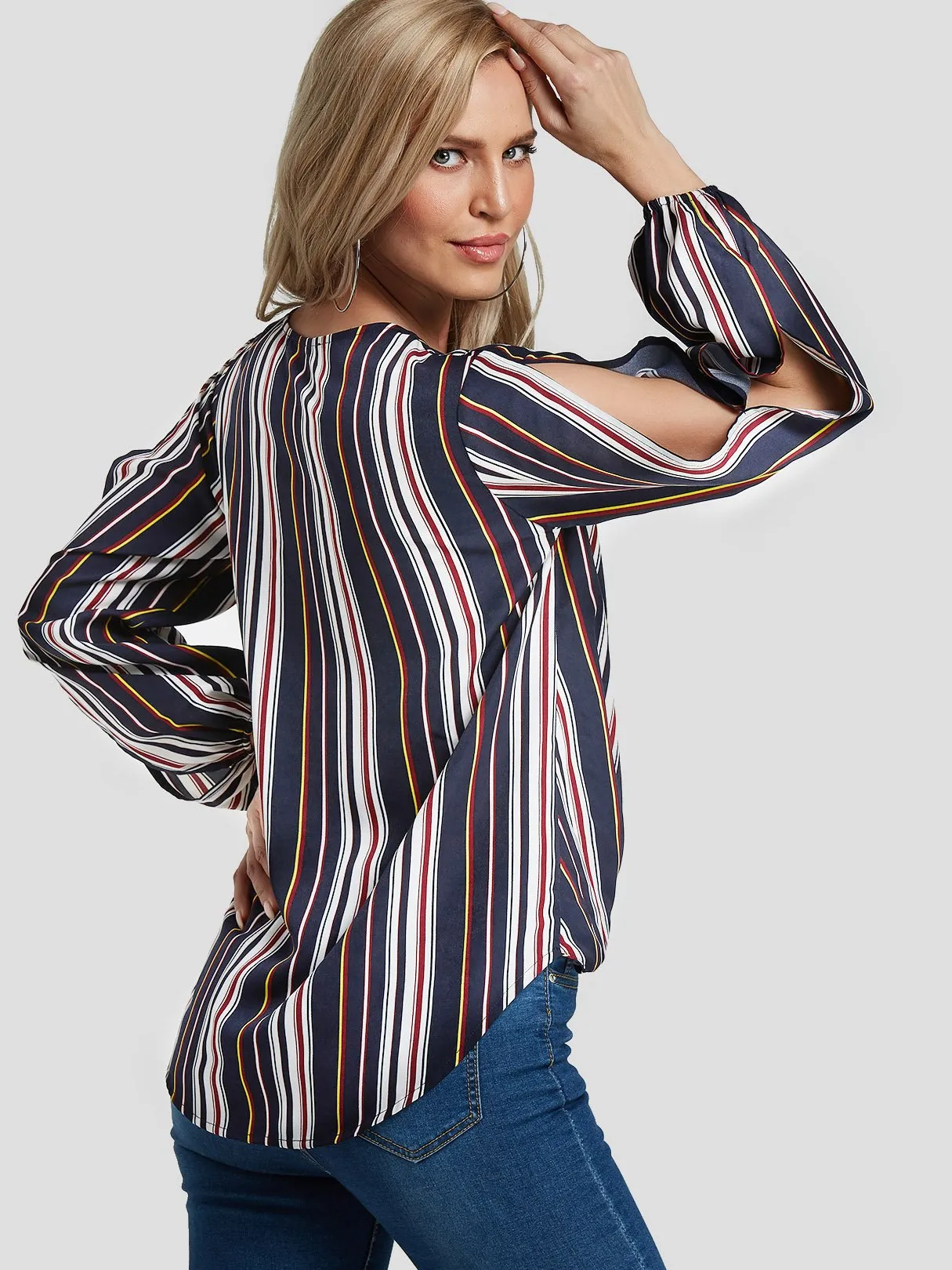 Custom V-Neck Stripe Slit Long Sleeve Blouses