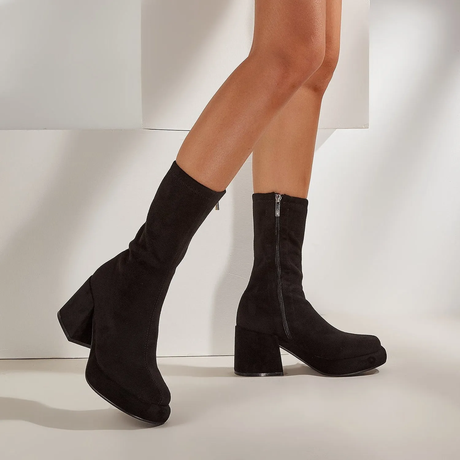 Faux Suede Pointed Toe Mid Calf Chunky Booties