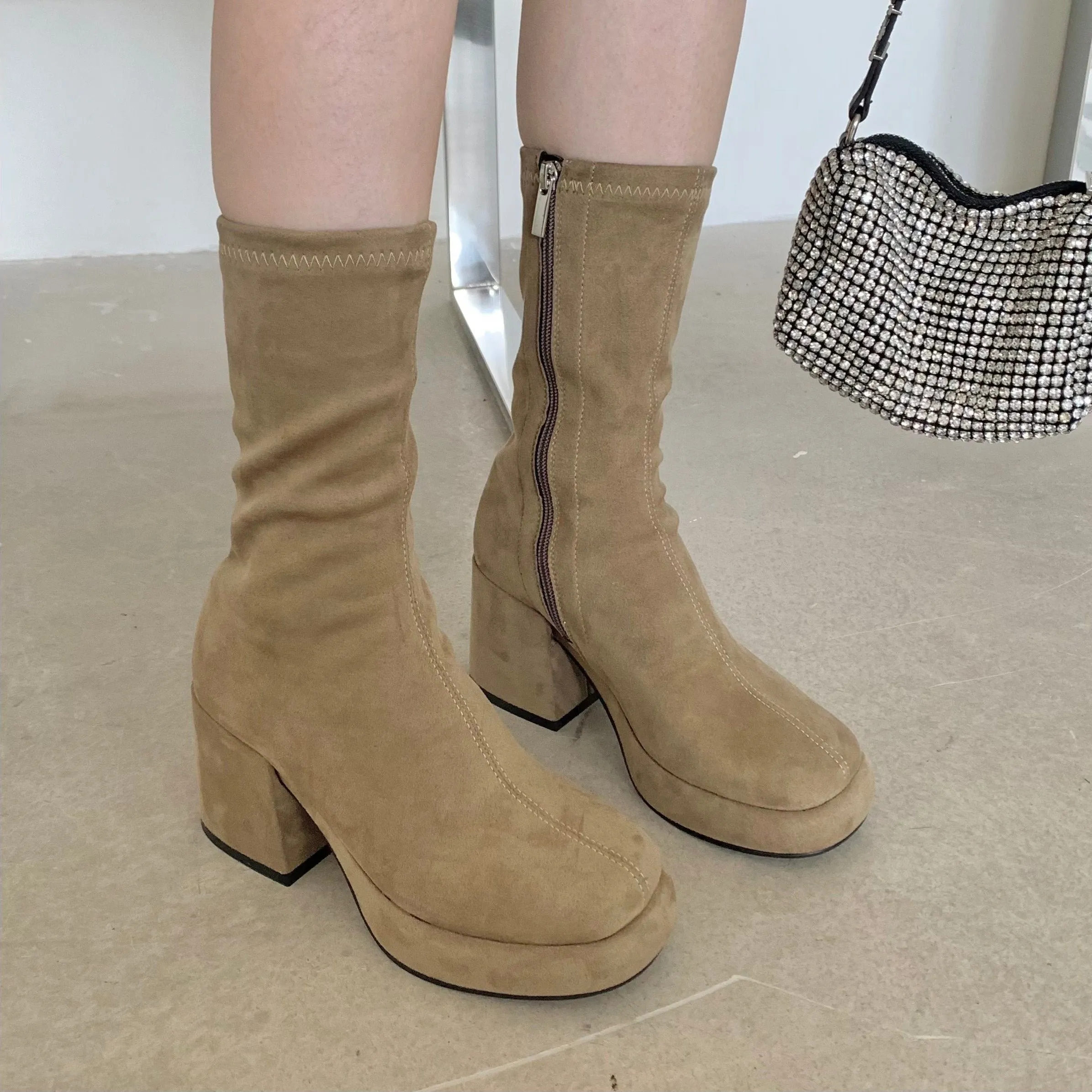 Faux Suede Pointed Toe Mid Calf Chunky Booties