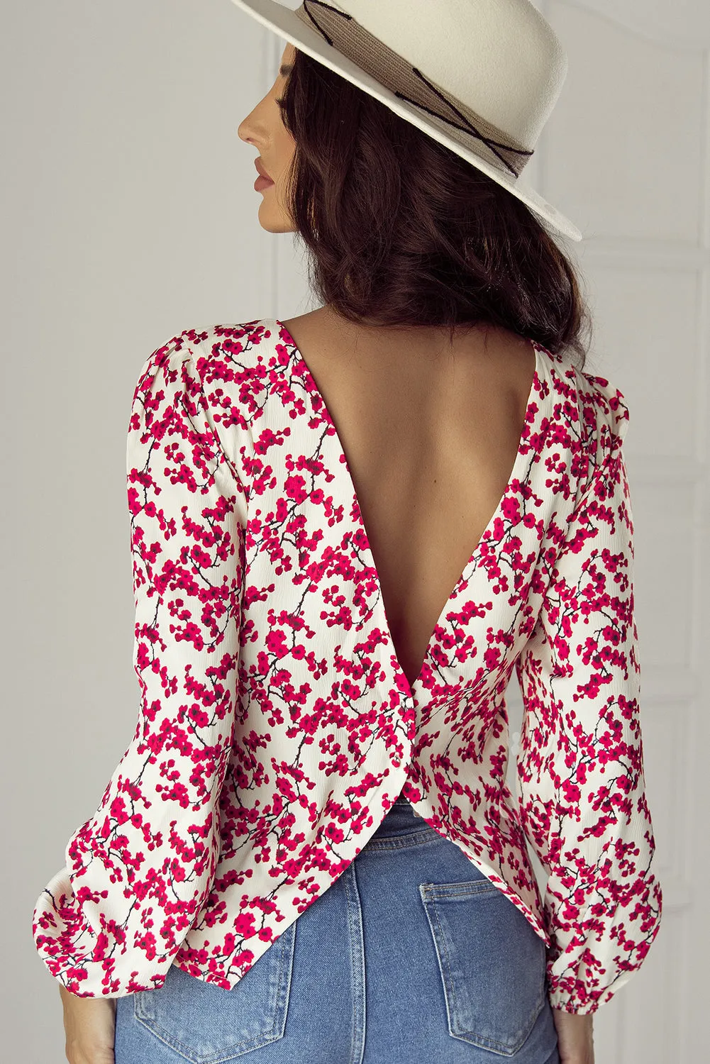 Floral Print Open Back Blouse