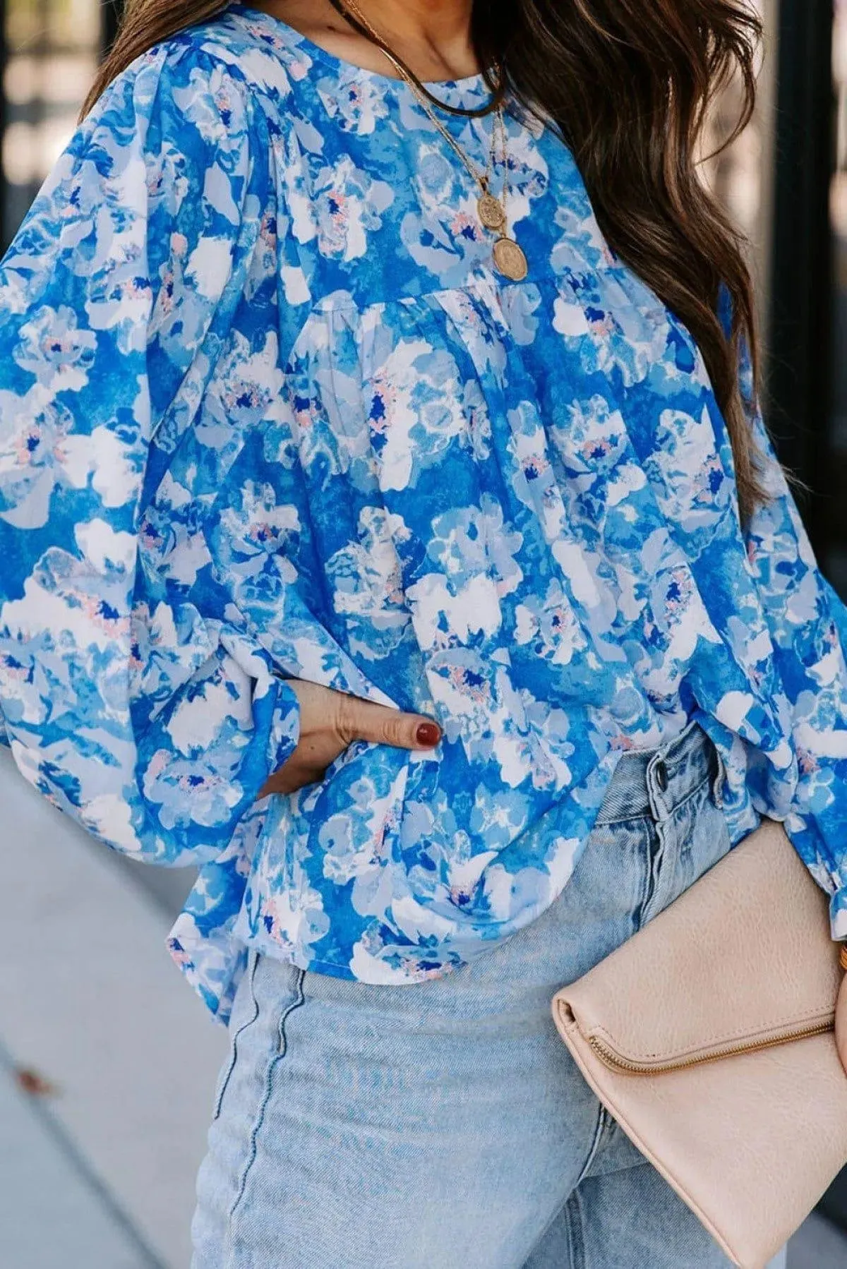 Floral Print Puffy Sleeve Babydoll Blouse Blue