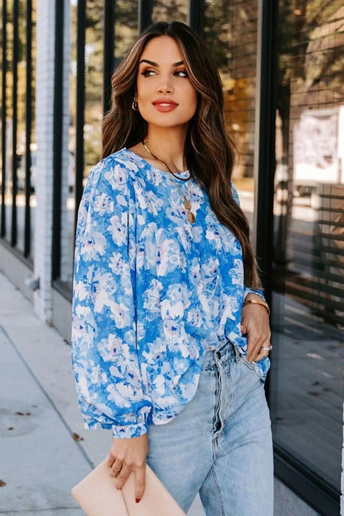 Floral Print Puffy Sleeve Babydoll Blouse Blue