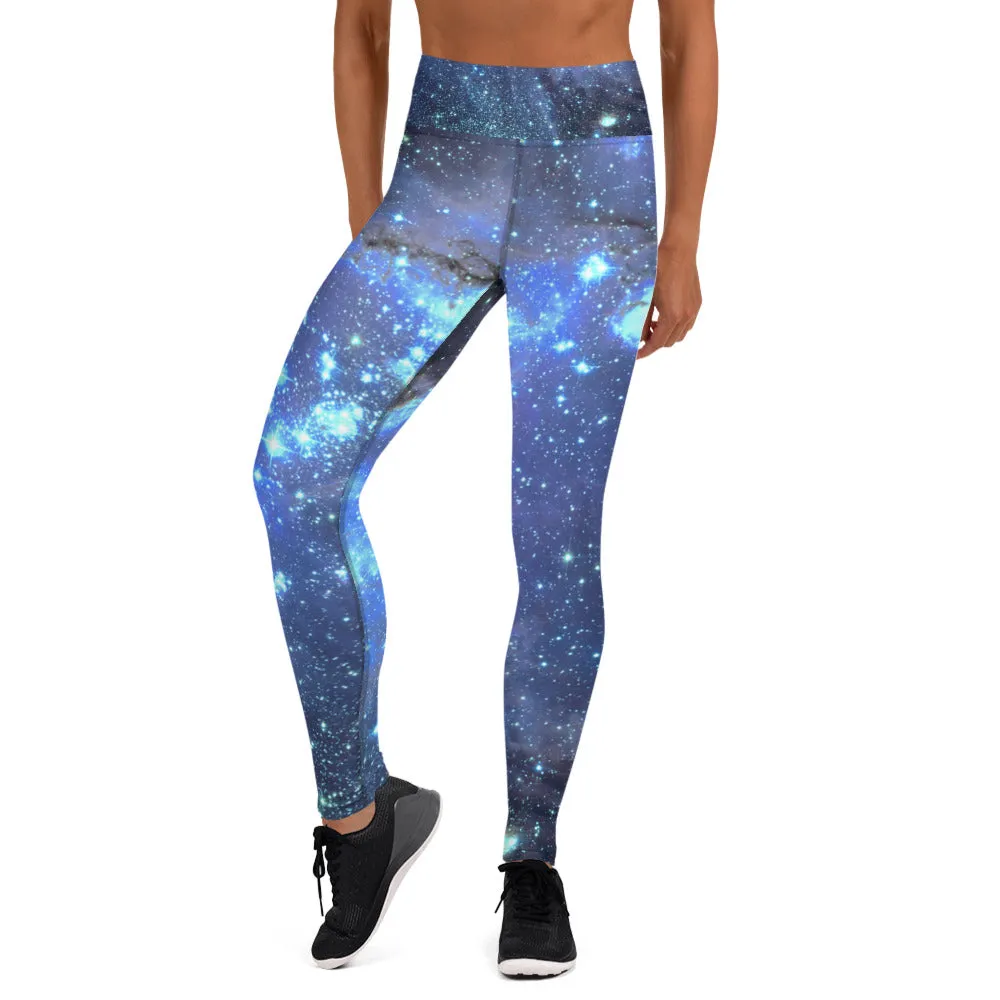 Galaxy Leggings, Yoga Space Print Pants, Blue Cosmic Celestial Constellation Outer Star Royal High Rise Waisted Workout Leggings