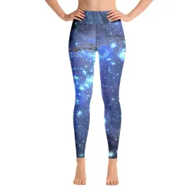 Galaxy Leggings, Yoga Space Print Pants, Blue Cosmic Celestial Constellation Outer Star Royal High Rise Waisted Workout Leggings