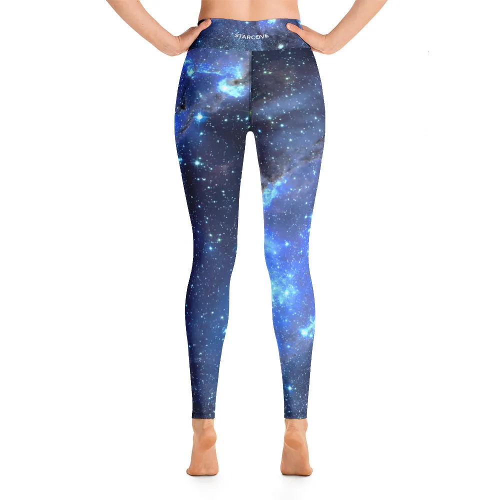 Galaxy Leggings, Yoga Space Print Pants, Blue Cosmic Celestial Constellation Outer Star Royal High Rise Waisted Workout Leggings