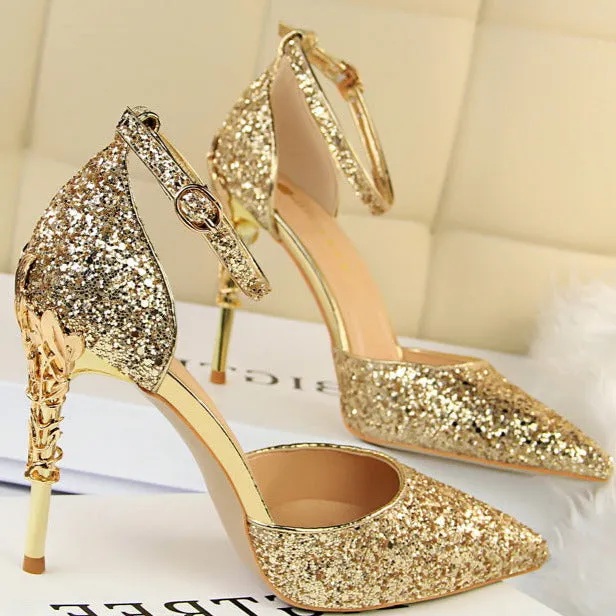 Glitter Point Toe Ankle Strap Sandals