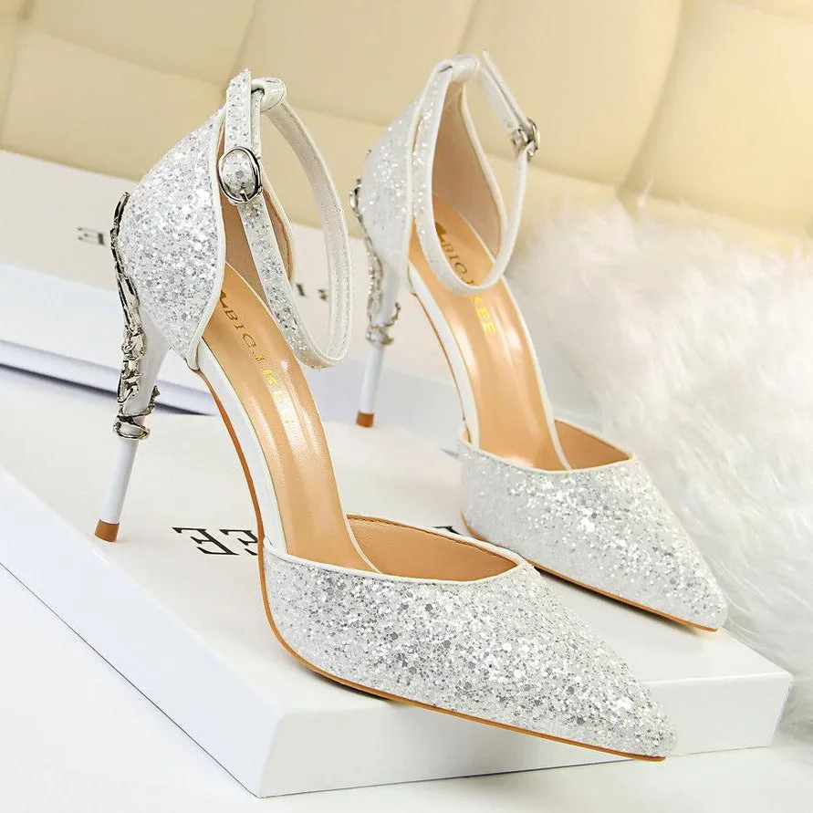 Glitter Point Toe Ankle Strap Sandals