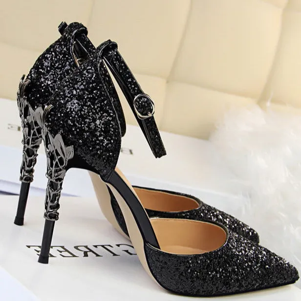 Glitter Point Toe Ankle Strap Sandals