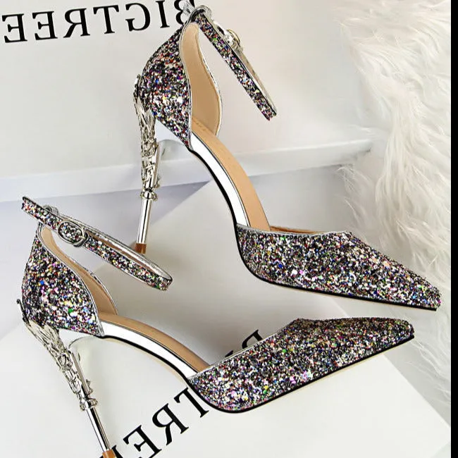 Glitter Point Toe Ankle Strap Sandals