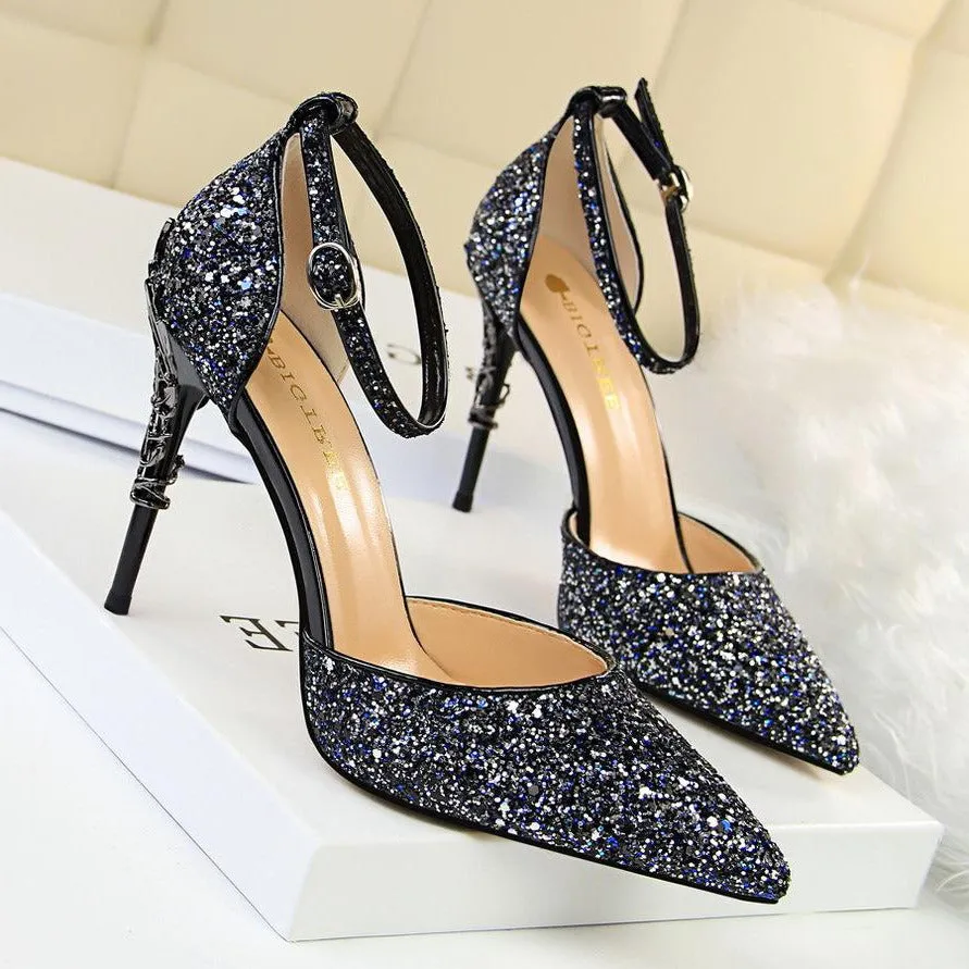 Glitter Point Toe Ankle Strap Sandals