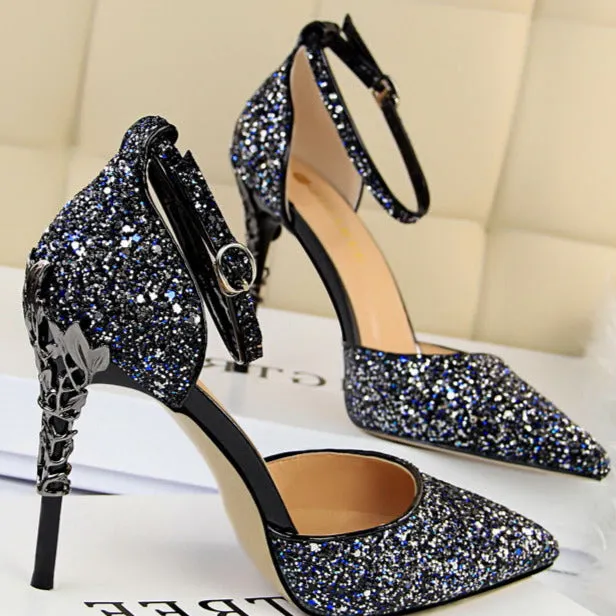 Glitter Point Toe Ankle Strap Sandals