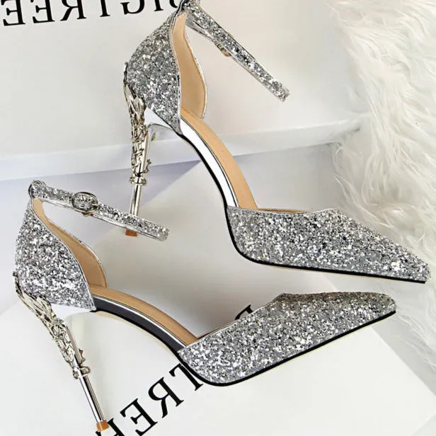 Glitter Point Toe Ankle Strap Sandals