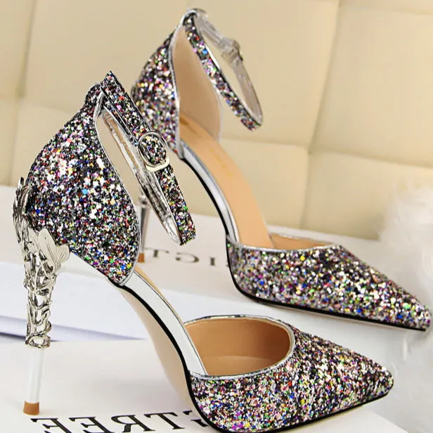 Glitter Point Toe Ankle Strap Sandals