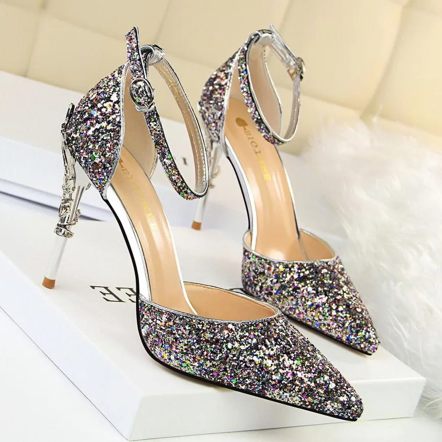 Glitter Point Toe Ankle Strap Sandals