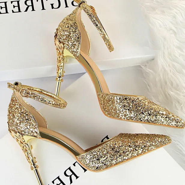 Glitter Point Toe Ankle Strap Sandals