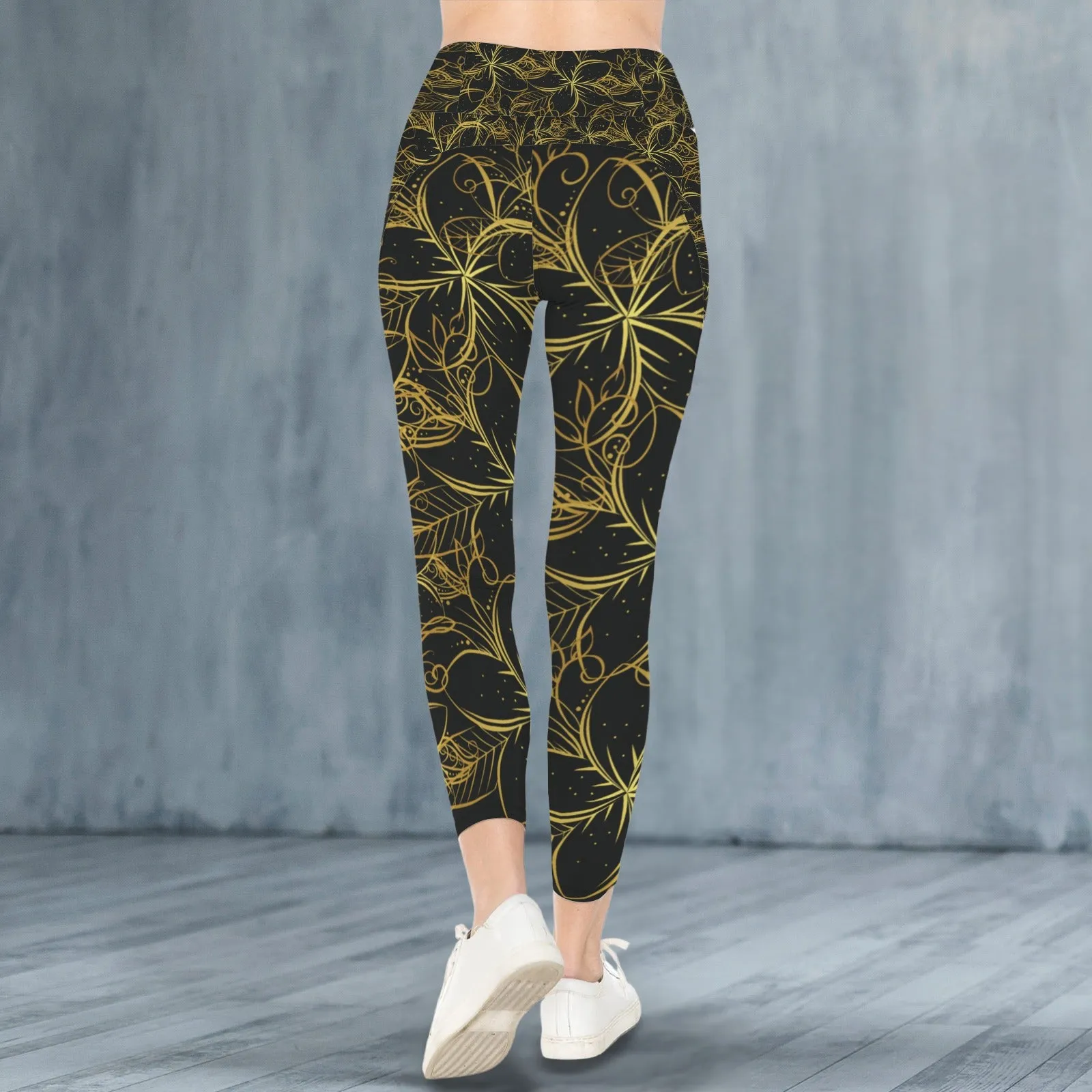 Golden Frangipani Black Leggings with Pockets up to 5 XL (FWS)