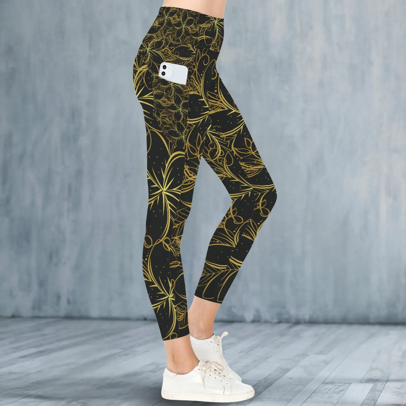 Golden Frangipani Black Leggings with Pockets up to 5 XL (FWS)