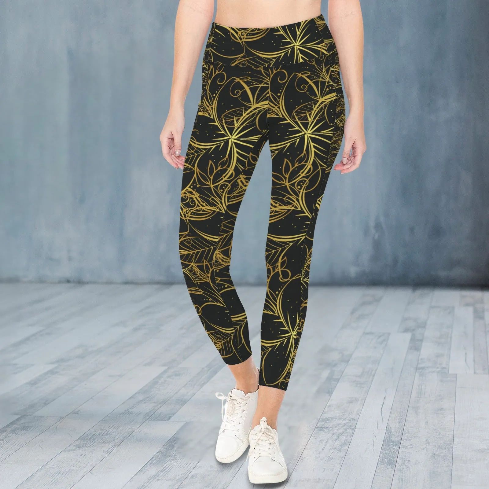 Golden Frangipani Black Leggings with Pockets up to 5 XL (FWS)