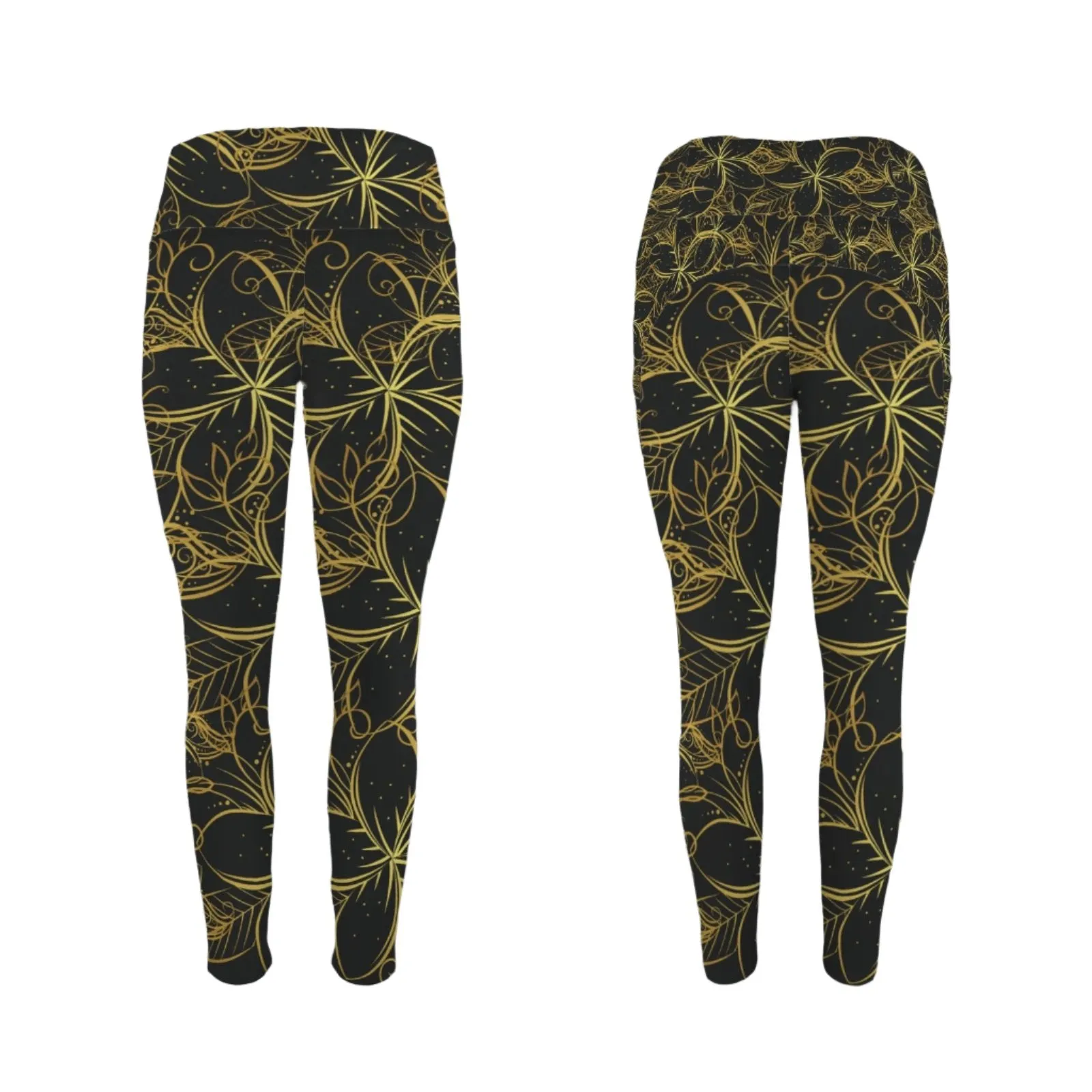 Golden Frangipani Black Leggings with Pockets up to 5 XL (FWS)