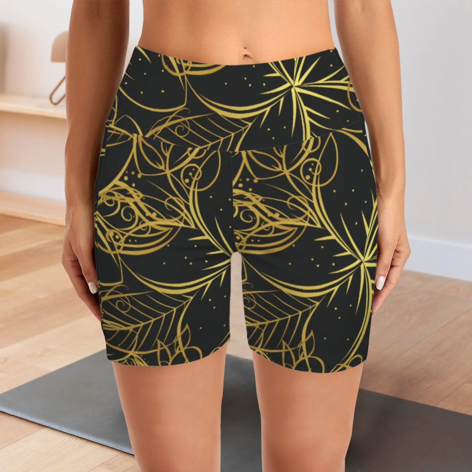 Golden Frangipani Black Yoga Shorts with Pockets up to 5 XL (FWS)