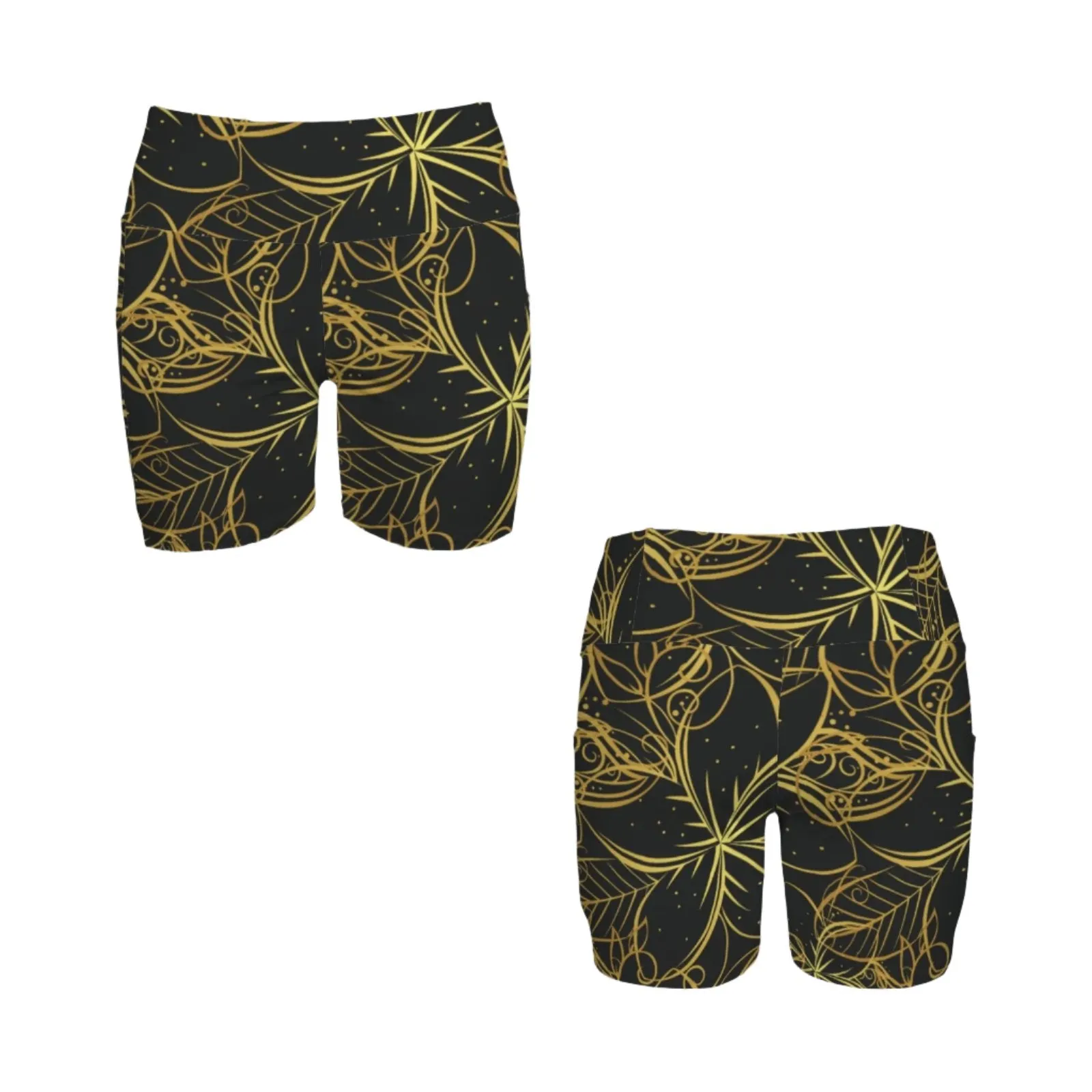 Golden Frangipani Black Yoga Shorts with Pockets up to 5 XL (FWS)