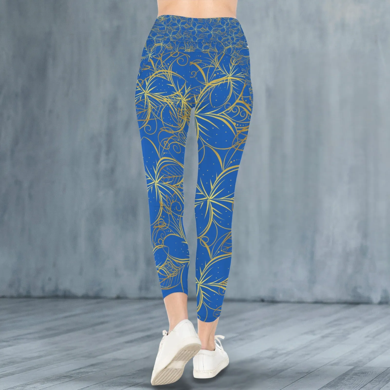 Golden Frangipani Blue Leggings with Pockets up to 5 XL (FWS)