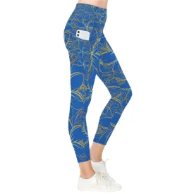 Golden Frangipani Blue Leggings with Pockets up to 5 XL (FWS)