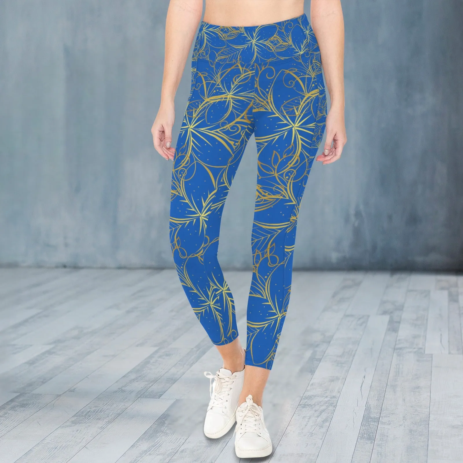 Golden Frangipani Blue Leggings with Pockets up to 5 XL (FWS)