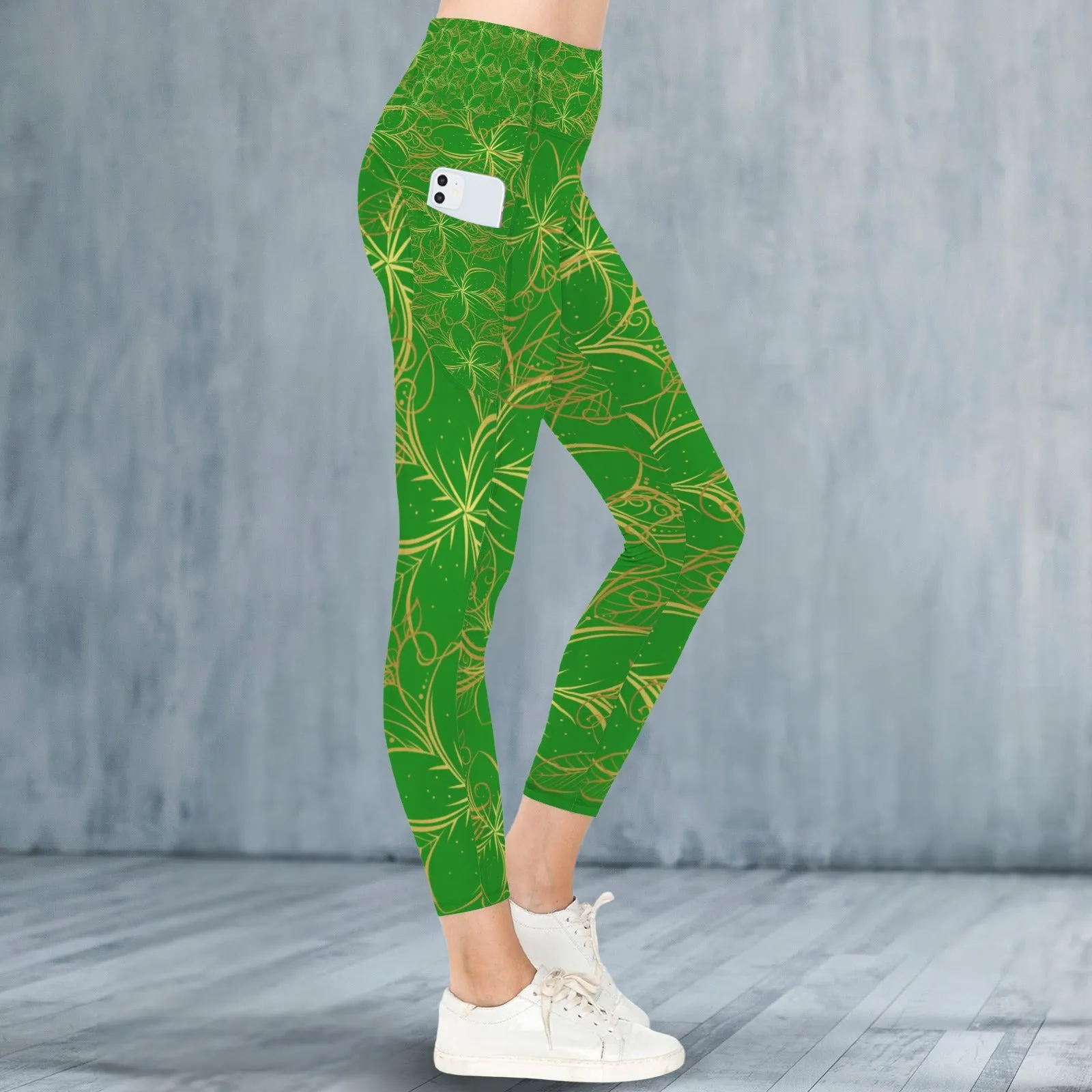 Golden Frangipani Green Leggings with Pockets up to 5 XL (FWS)