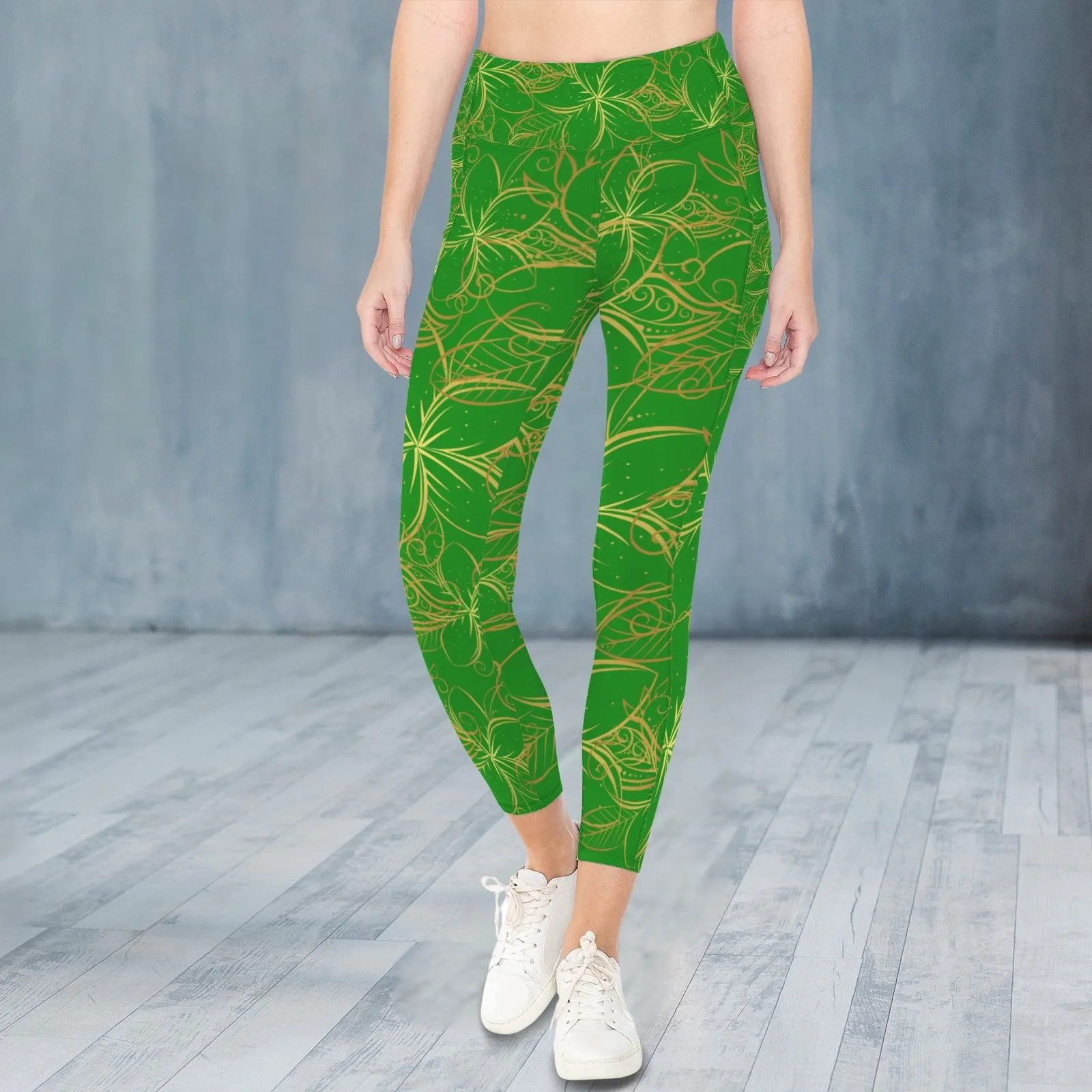 Golden Frangipani Green Leggings with Pockets up to 5 XL (FWS)