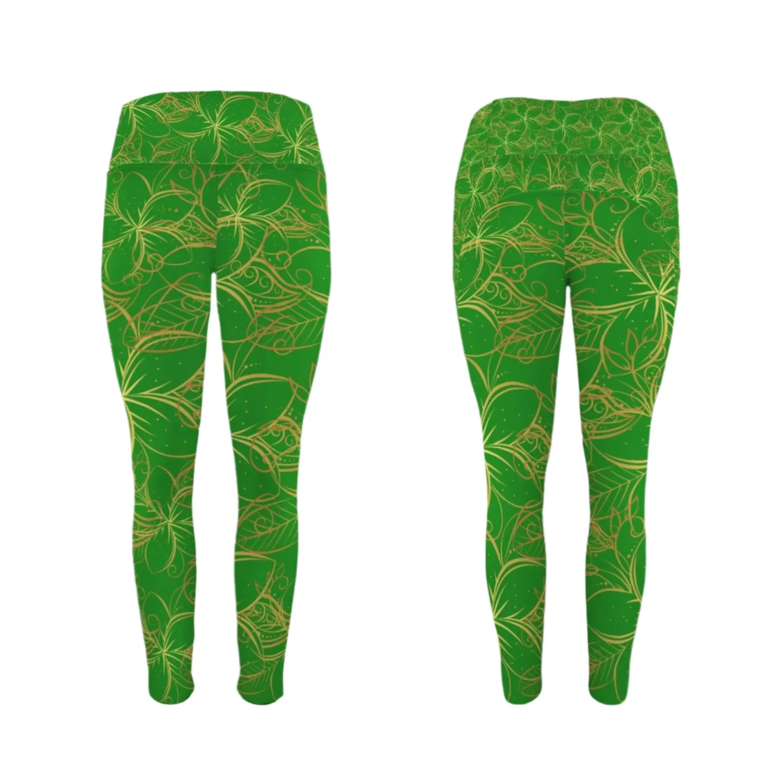 Golden Frangipani Green Leggings with Pockets up to 5 XL (FWS)