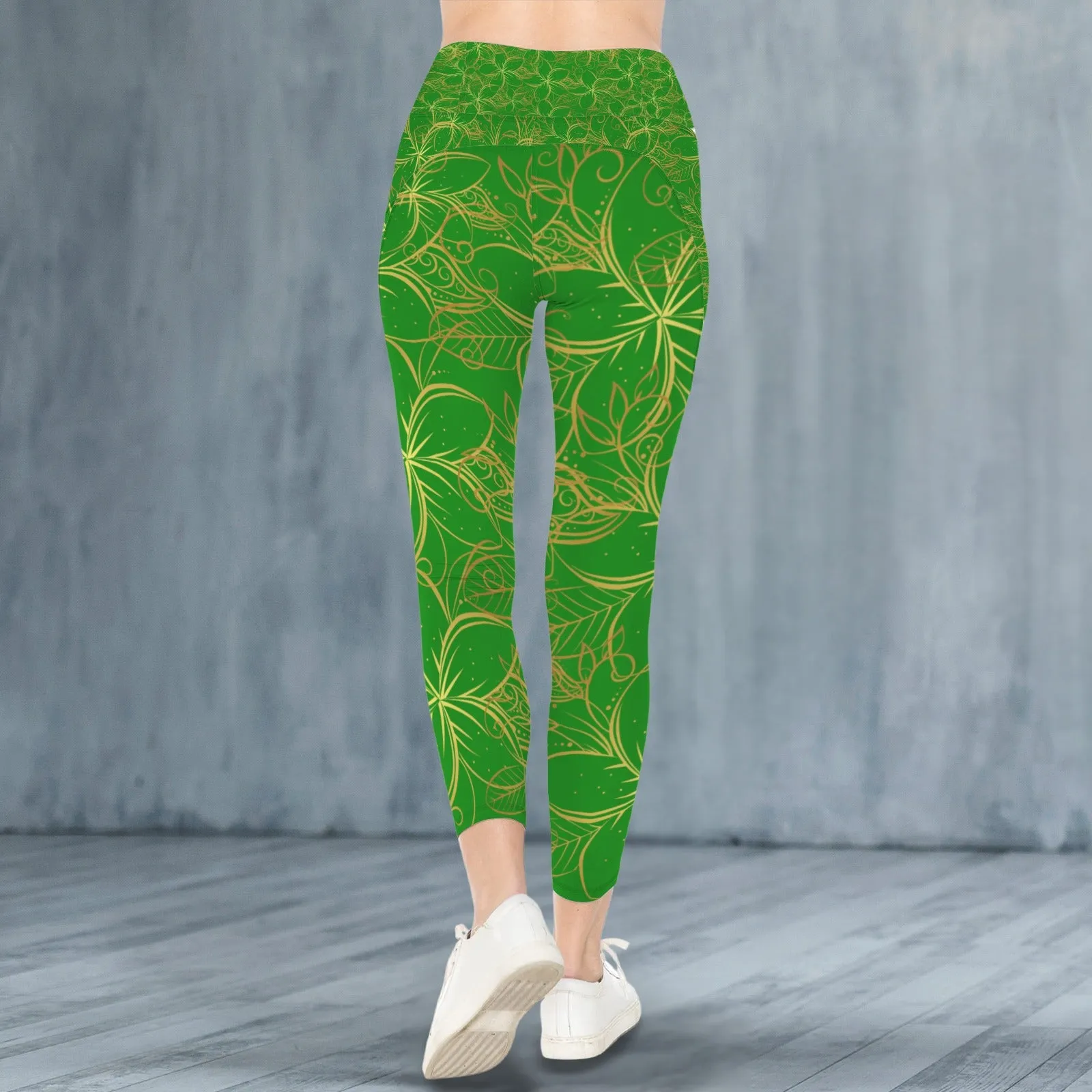 Golden Frangipani Green Leggings with Pockets up to 5 XL (FWS)