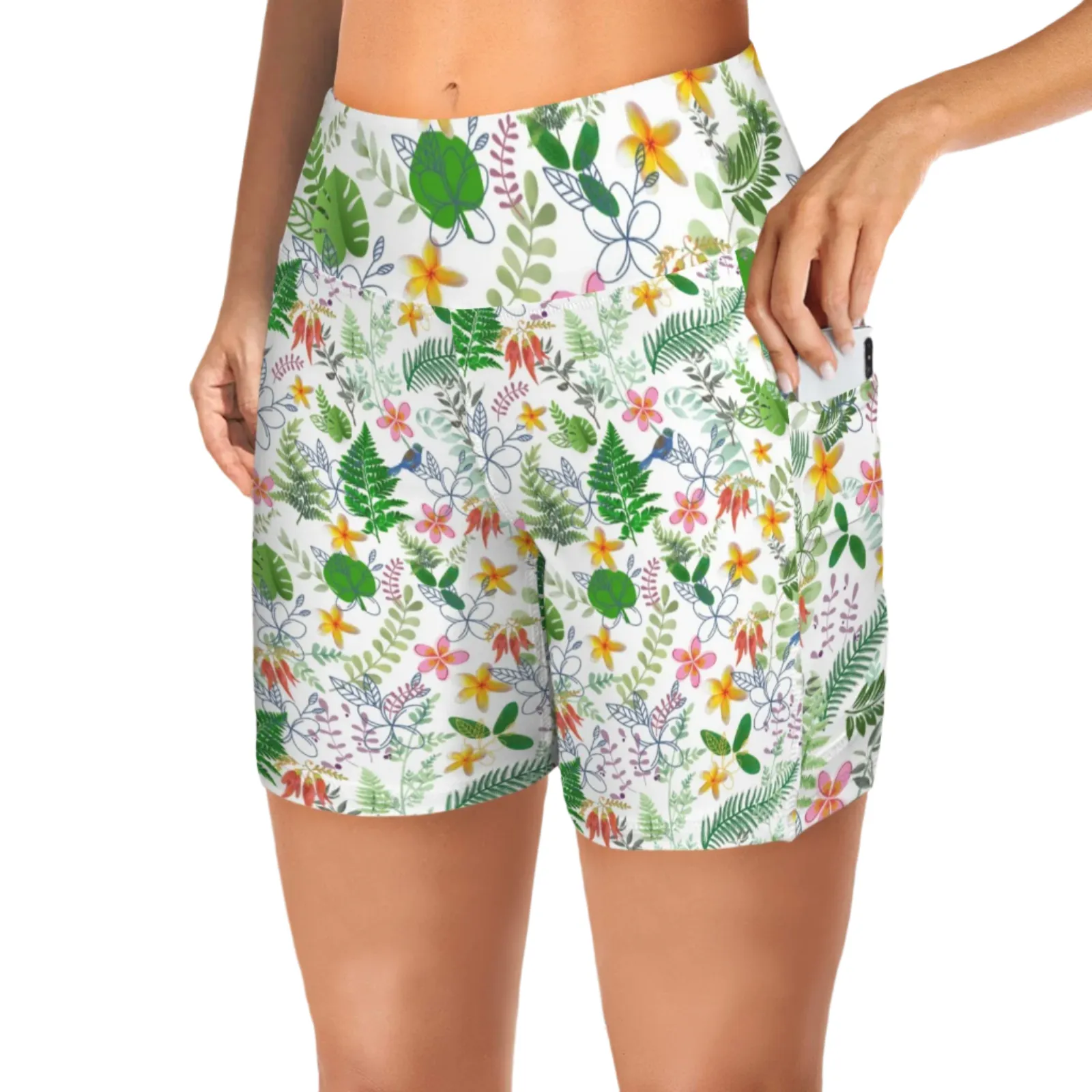 Graphic Floral Yoga Shorts with Pockets up to 5 XL (FWS)