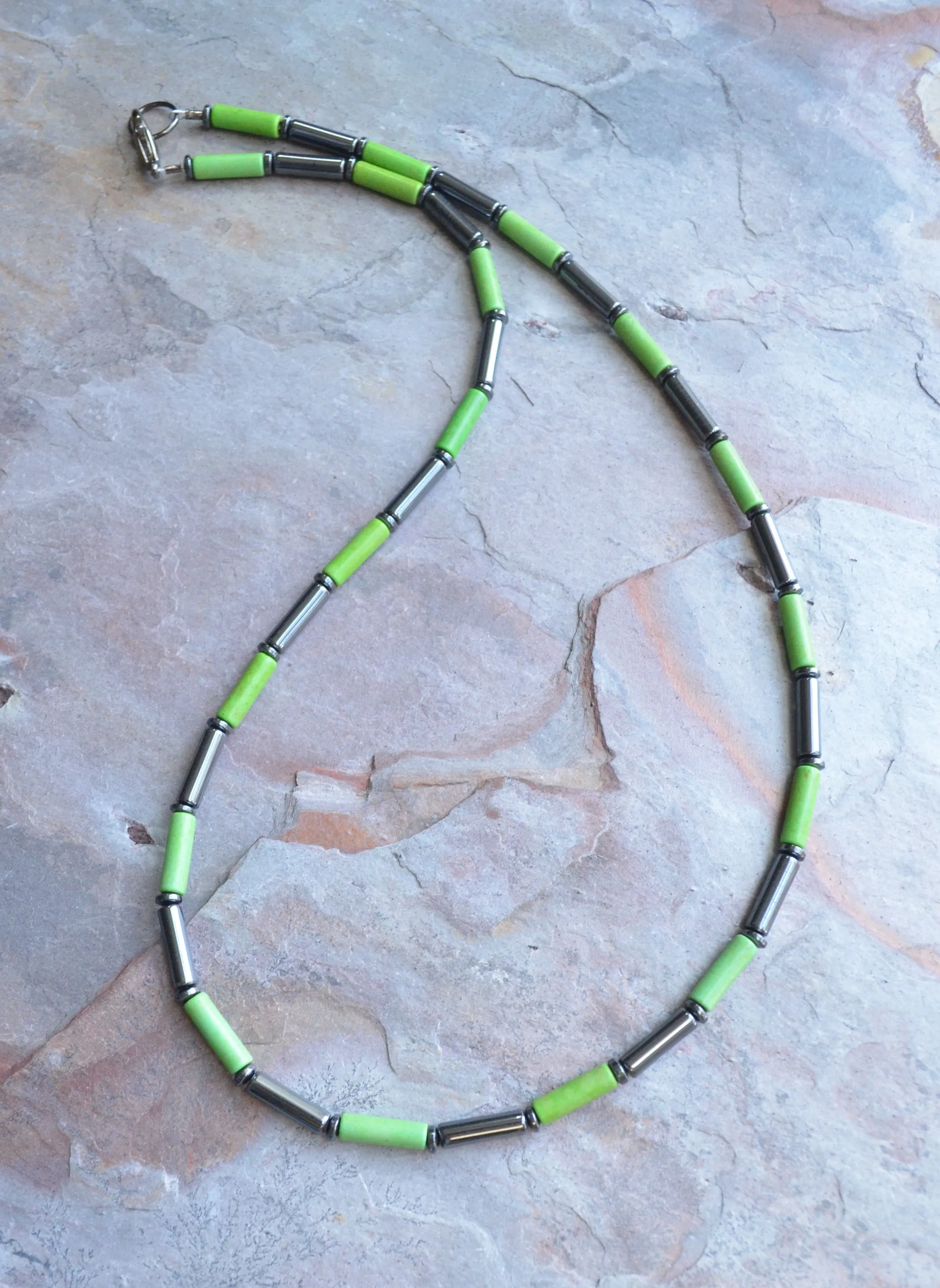 Green Gray Hematite Magnesite Beaded Thin Mens Necklace